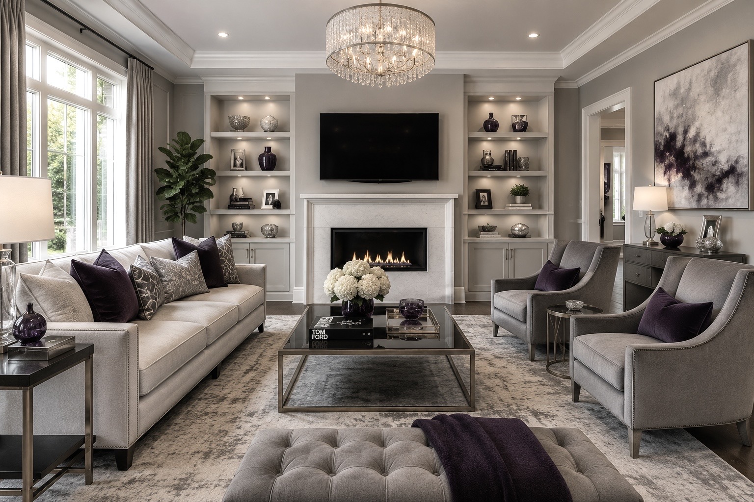 Glam living room with blush velvet sofa, crystal chandelier and gold marble coffee table